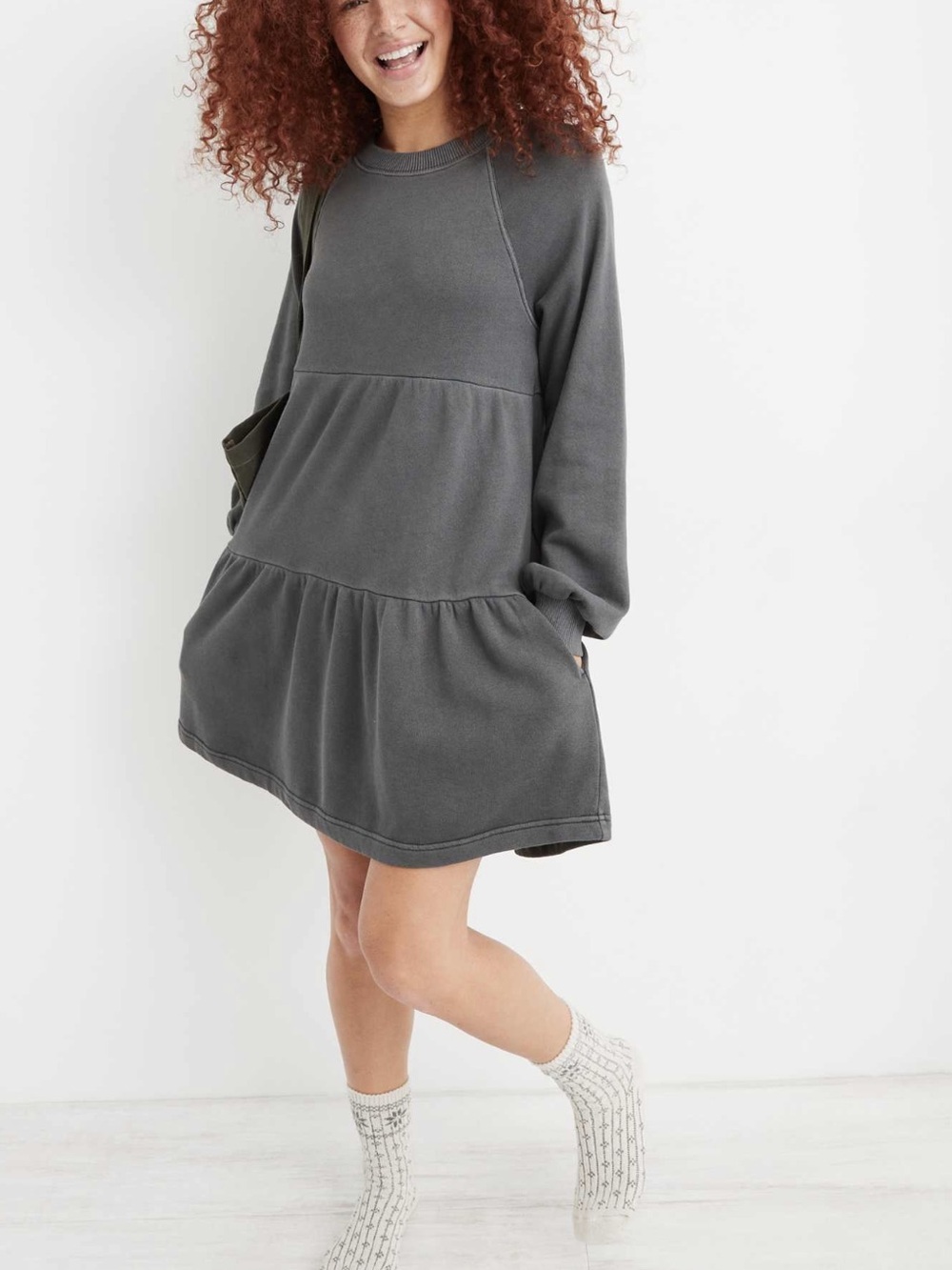 Aerie Tiered Babydoll Mini Dress Charcoal Gray Size Large